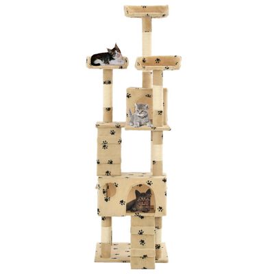 vidaXL kaķu māja, stabi nagu asināšanai, 170 cm, bēša ar ķepu apdruka