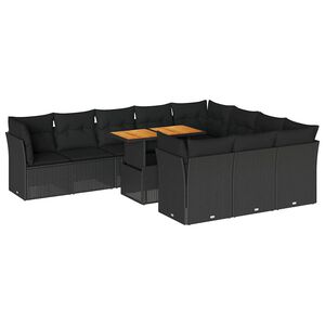 vidaXL 11-daļīgs dārza dīvāna komplekts, matrači, melna PE rotangpalma