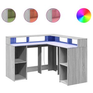 vidaXL rakstāmgalds, LED, pelēks, 130x130x91 cm, inženierijas koks