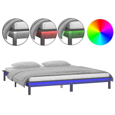 vidaXL gultas rāmis ar LED, pelēks, 200x200 cm, masīvkoks