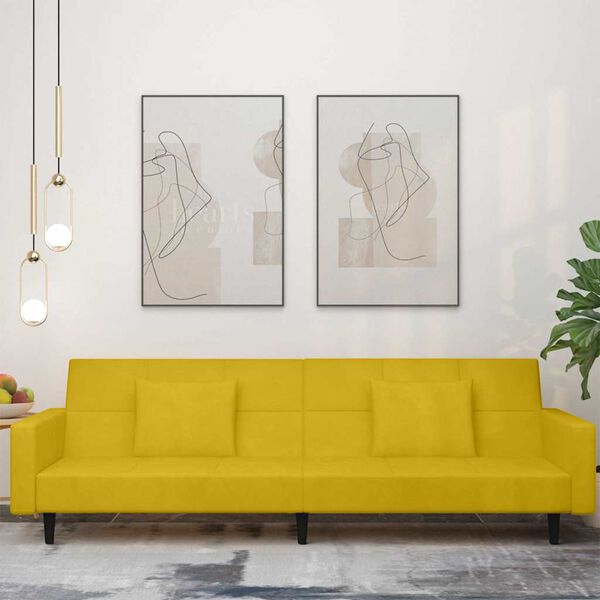 vidaXL 2-vietīga dīvāngulta ar diviem spilveniem, dzeltens samts