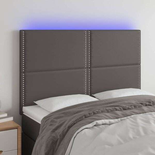 vidaXL gultas galvgalis ar LED, 144x5x118/128 cm, pelēks mākslīgā āda