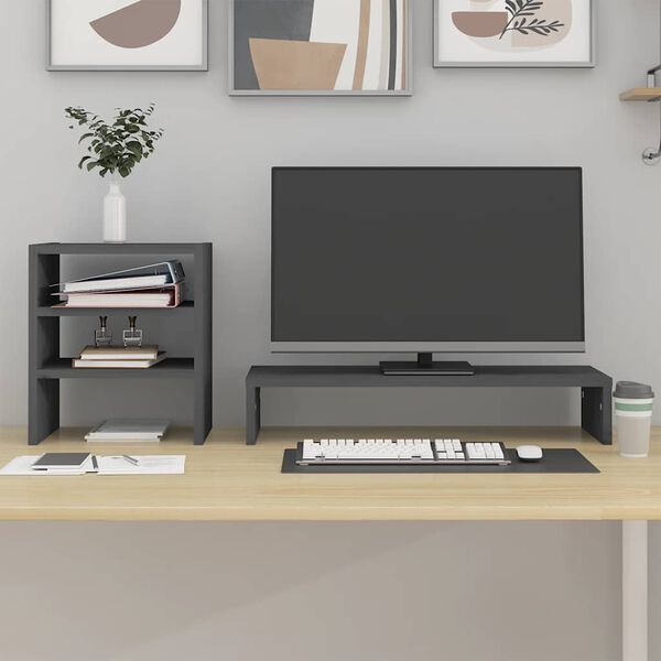 vidaXL monitora paliktnis, pelēks, 81x20x30 cm, priedes masīvkoks