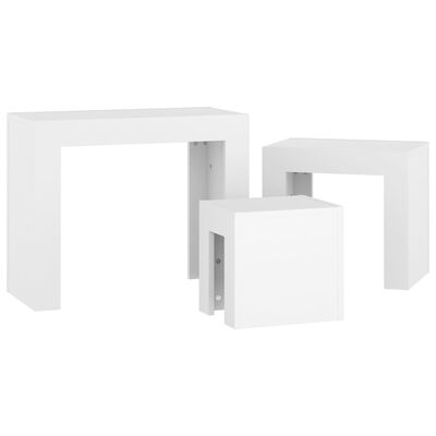 vidaXL kafijas galdiņi, 3 gab., sabīdāmi, balti, skaidu plāksne