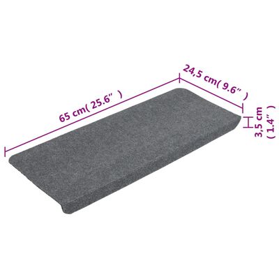 vidaXL kāpņu paklāji, 15 gab., pašlīmējoši, 65x24,5x3,5 cm, pelēki