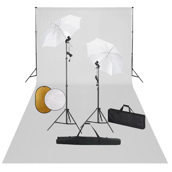 vidaXL fotostudijas komplekts – lampas, lietussargi, fons, reflektori