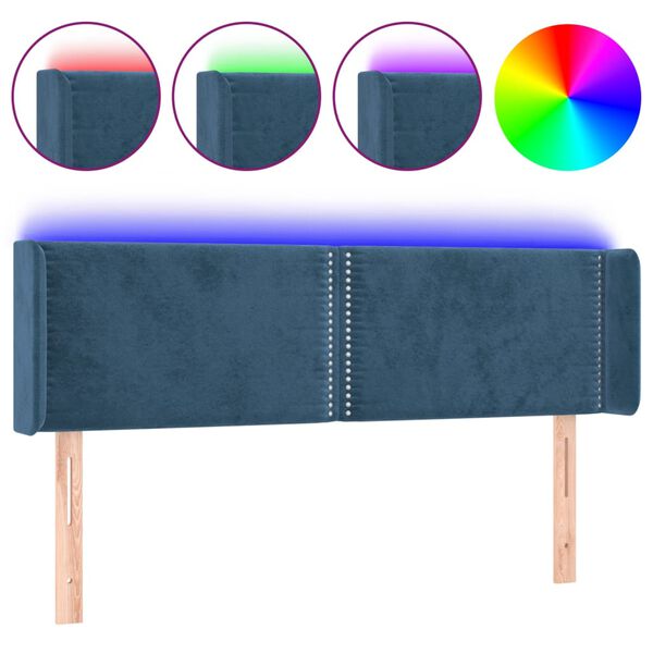 vidaXL gultas galvgalis ar LED, 147x16x78/88 cm, tum&scaron;i zils samts