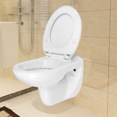 vidaXL tualetes pods ar automātisku vāku, stiprināms pie sienas, balts