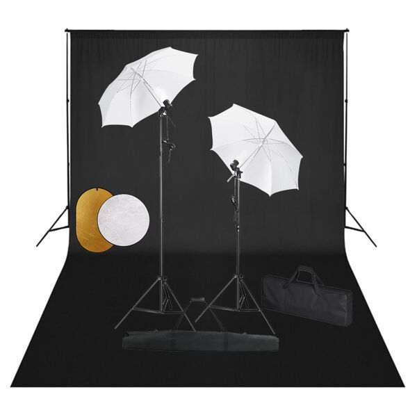 vidaXL fotostudijas komplekts – lampas, lietussargi, fons, reflektori