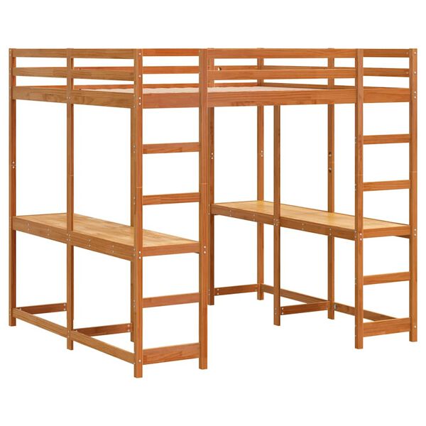 vidaXL augstā gulta, rakstāmgalds, kāpnes, 200x200 cm, priedes koks