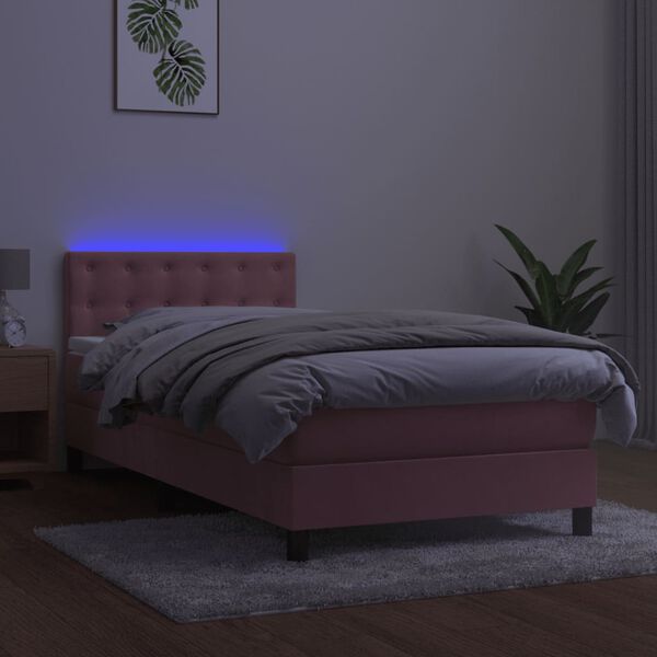 vidaXL atsperu gulta ar matraci, LED, rozā samts, 90x190 cm