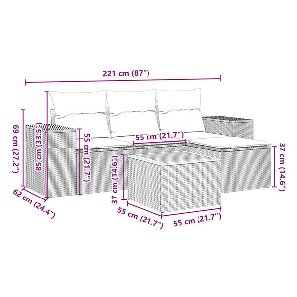 vidaXL 5-daļīgs dārza dīvāna komplekts ar matračiem, PE rotangpalma