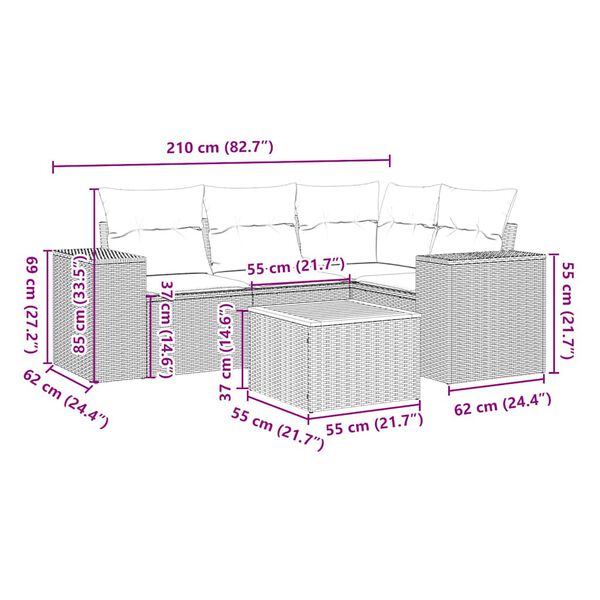 vidaXL 5-daļīgs dārza dīvāna komplekts ar matračiem, PE rotangpalma