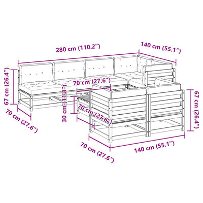 vidaXL 8-daļīgs dārza dīvānu komplekts, matrači, brūns priedes koks