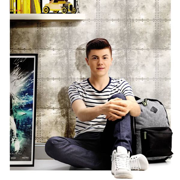 Urban Friends & Coffee fototapete, betona bloku apdruka, pelēki balta