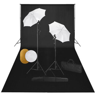 vidaXL fotostudijas komplekts – lampas, lietussargi, fons, reflektori