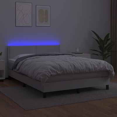 vidaXL atsperu gulta ar matraci, LED, balta, 140x200 cm, mākslīgā āda