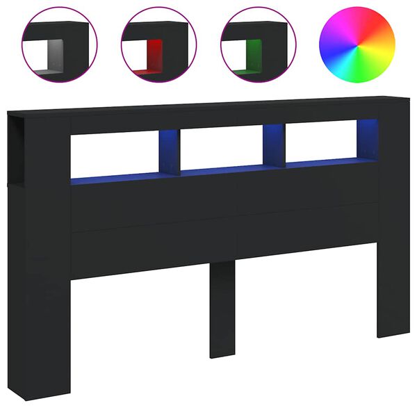 vidaXL gultas galvgalis ar LED, melns, 180x18,5x103,5 cm, koks