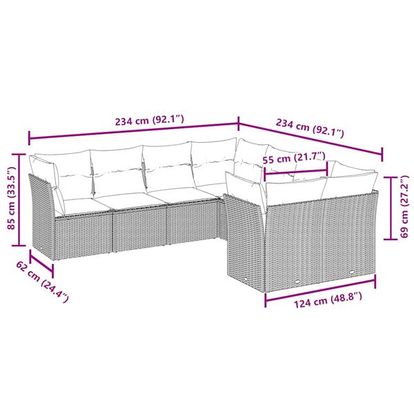 vidaXL 8-daļīgs dārza dīvānu komplekts, matrači, brūna PE rotangpalma