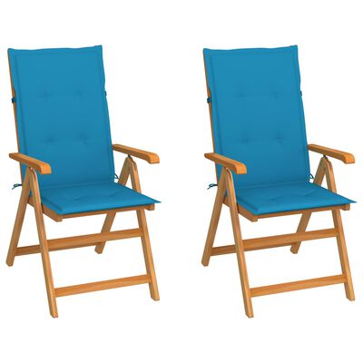 vidaXL dārza krēsli, 2 gab., zili matrači, masīvs tīkkoks