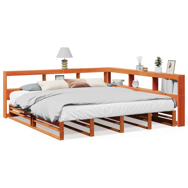 vidaXL gulta ar grāmatu plauktu, bez matrača, 200x200 cm, priedes koks