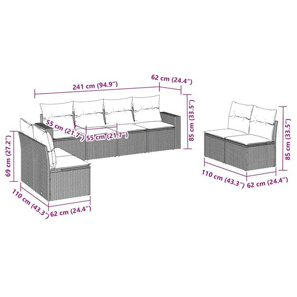 vidaXL 8-daļīgs dārza dīvānu komplekts, matrači, brūna PE rotangpalma