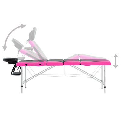 vidaXL saliekams masāžas galds, 4 daļas, alumīnijs, melns ar rozā