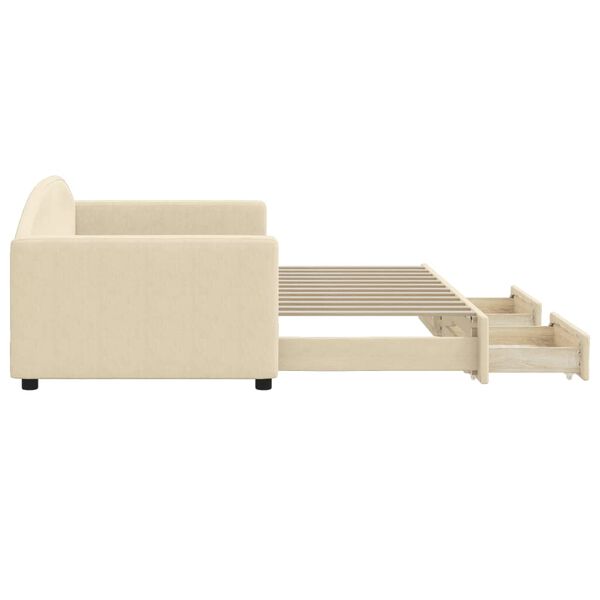 vidaXL izvelkams dīvāns ar atvilktnēm, krēmkrāsas audums, 90x200 cm