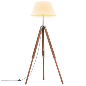 vidaXL grīdas lampa uz statīva, brūna, balta, masīvs tīkkoks, 141 cm