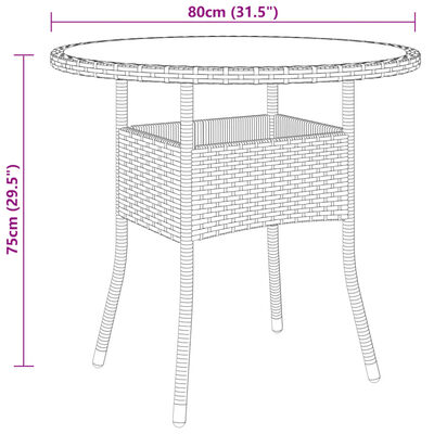 vidaXL dārza galds, Ø80x75 cm, rūdīts stikls, brūna PE rotangpalma