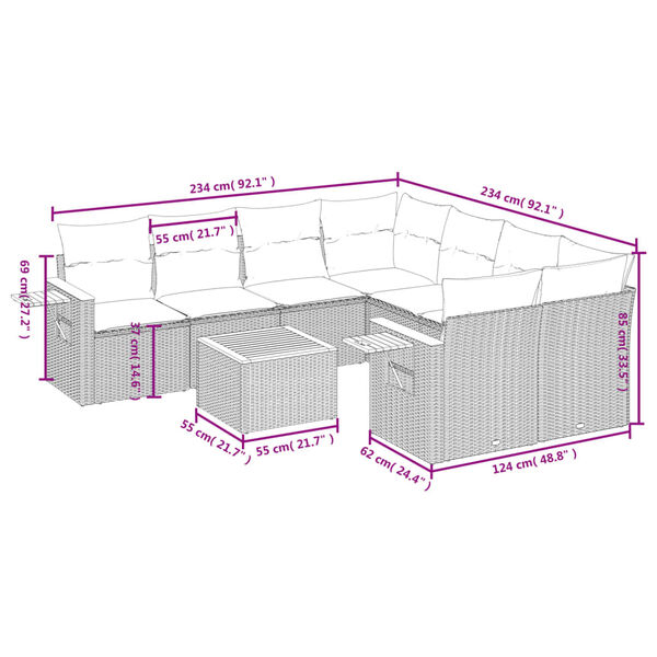 vidaXL 9-daļīgs dārza dīvāna komplekts, matrači, melna PE rotangpalma