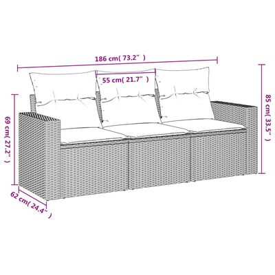vidaXL 3-daļīgs dārza dīvāna komplekts ar matračiem, pelēks PE pinums