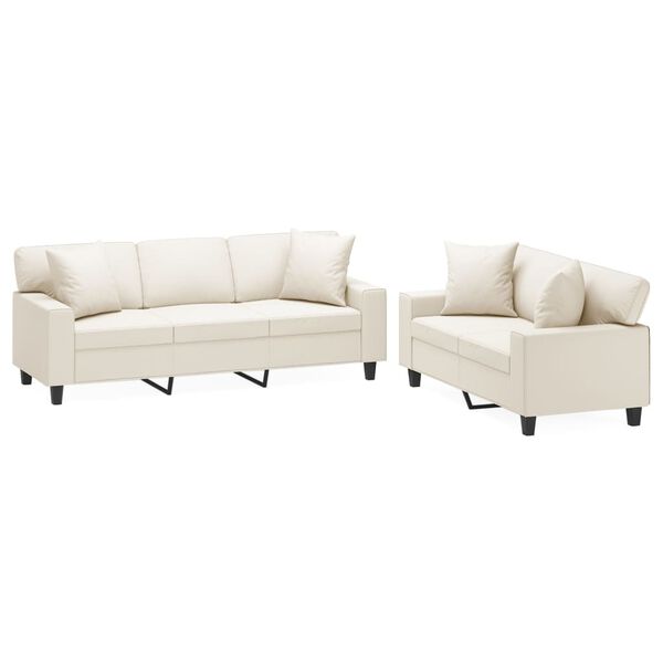 vidaXL divdaļīgs dīvānu komplekts, spilveni, krēmkrāsas mākslīgā āda