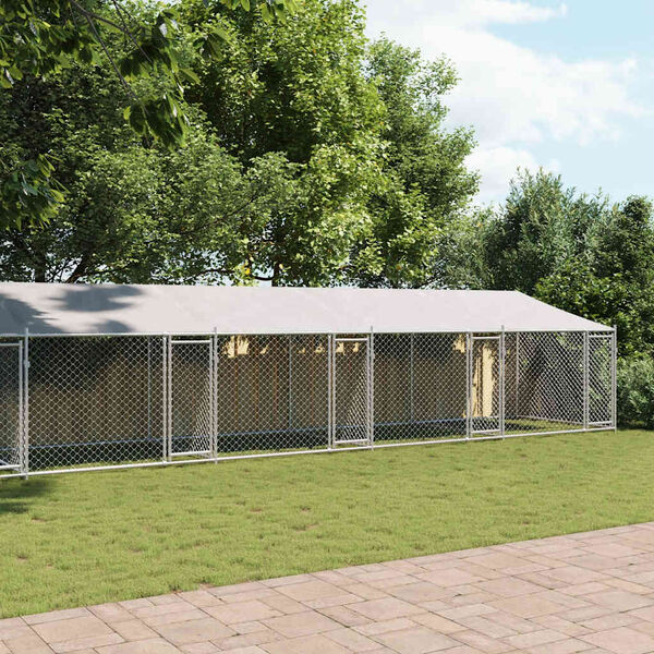 vidaXL suņu būris ar jumtu un durvīm, pelēks, 10x2x2m, cinkots tērauds