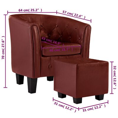vidaXL klubkrēsls ar kāju soliņu, vīnsarkana mākslīgā āda