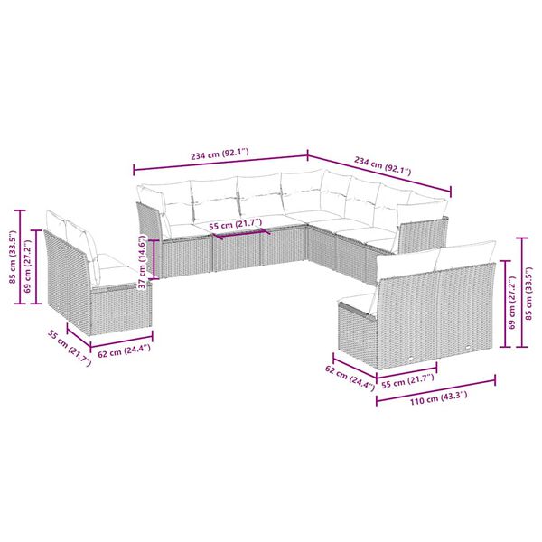 vidaXL 11-daļīgs dārza dīvāna komplekts ar matračiem, pelēka PE pinums