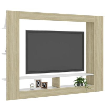 vidaXL TV skapītis, 152x22x113 cm, skaidu plāksne, balts un ozolkoka