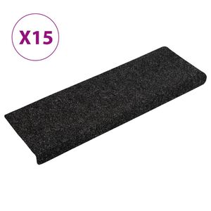 vidaXL kāpņu paklājiņi, pa&scaron;līmējo&scaron;i, 15 gab., 65x21x4 cm, melni, taisnstūrveida mala