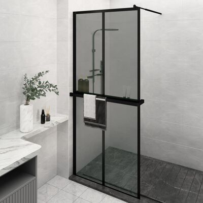 vidaXL dušas siena ar plauktu, melna, 100x195cm, ESG stikls, alumīnijs