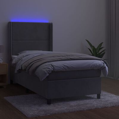 vidaXL atsperu gulta ar matraci, LED, gaiši pelēks samts, 90x200 cm