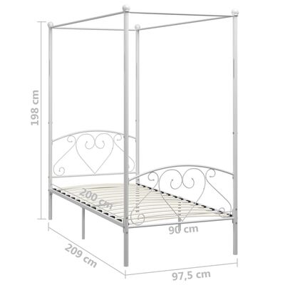 vidaXL gultas rāmis ar nojumi, balts metāls, 90x200 cm