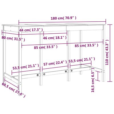 vidaXL bāra galds, pelēks, 180x80x110 cm, priedes masīvkoks