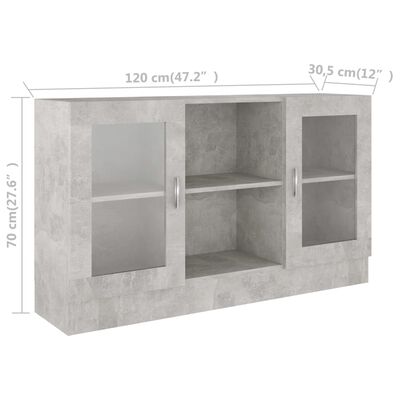 vidaXL vitrīna, betona pelēka, 120x30,5x70 cm, skaidu plāksne