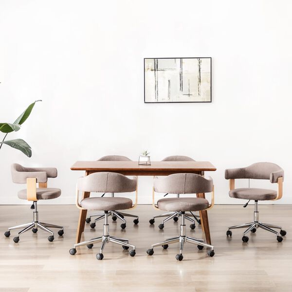 vidaXL grozāmi virtuves krēsli, 6 gab., liekts koks, pelēkbrūns audums