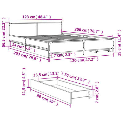 vidaXL gultas rāmis ar atvilktnēm, pelēka ozola, 120x200 cm