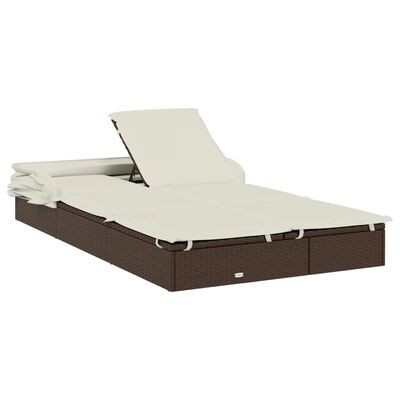 vidaXL sauļošanās gulta, saliekams jumts, brūns PE pinums, divvietīga