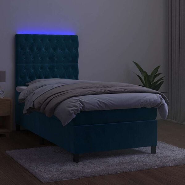 vidaXL atsperu gulta ar matraci, LED, tum&scaron;i zils samts, 90x190 cm