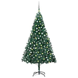 vidaXL izgaismota mākslīgā Ziemassvētku egle ar rotājumiem, 210cm, PVC