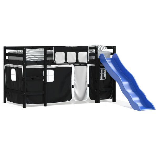 vidaXL bērnu gulta ar aizkariem, melni ar baltu, 80x200 cm, priede