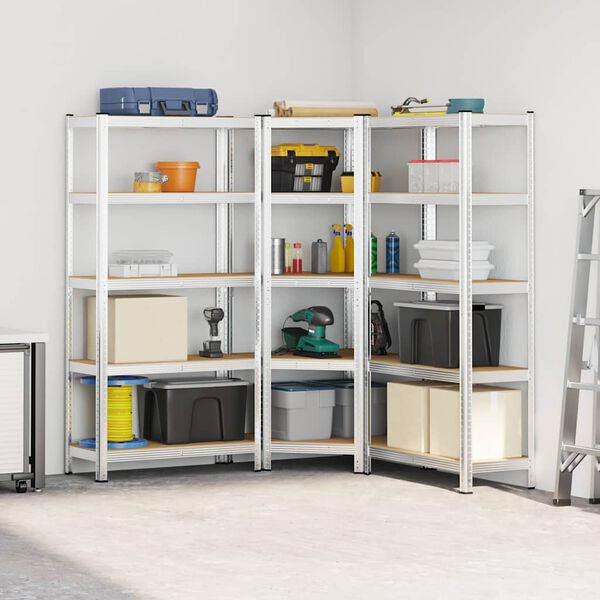 vidaXL 3 daļīgs 5-līmeņu plauktu komplekts sudraba tērauda un koka